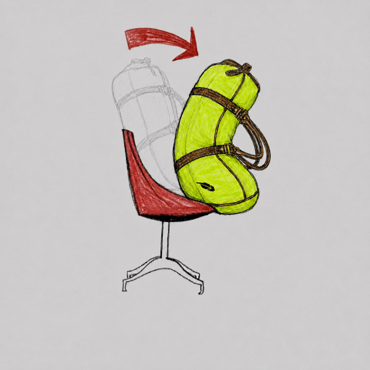 The lime-green Bags Packed duffle bag leaning forward in a red chair, ready to lock in