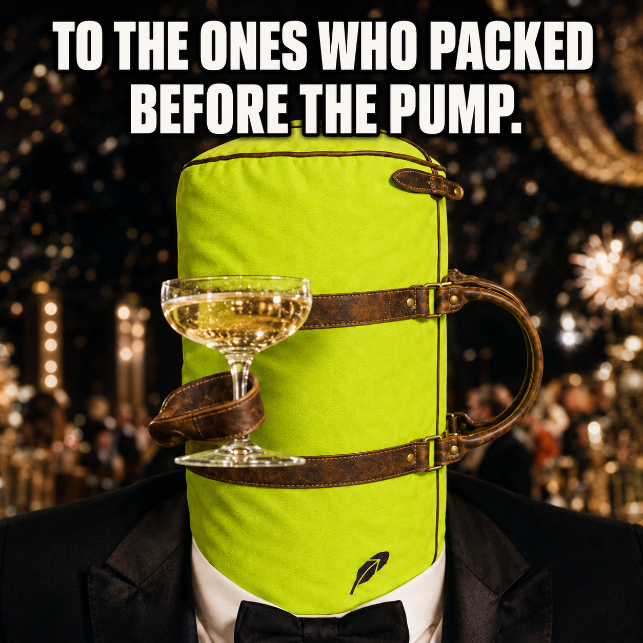 A packed lime duffle bag holding a trophy before the pump