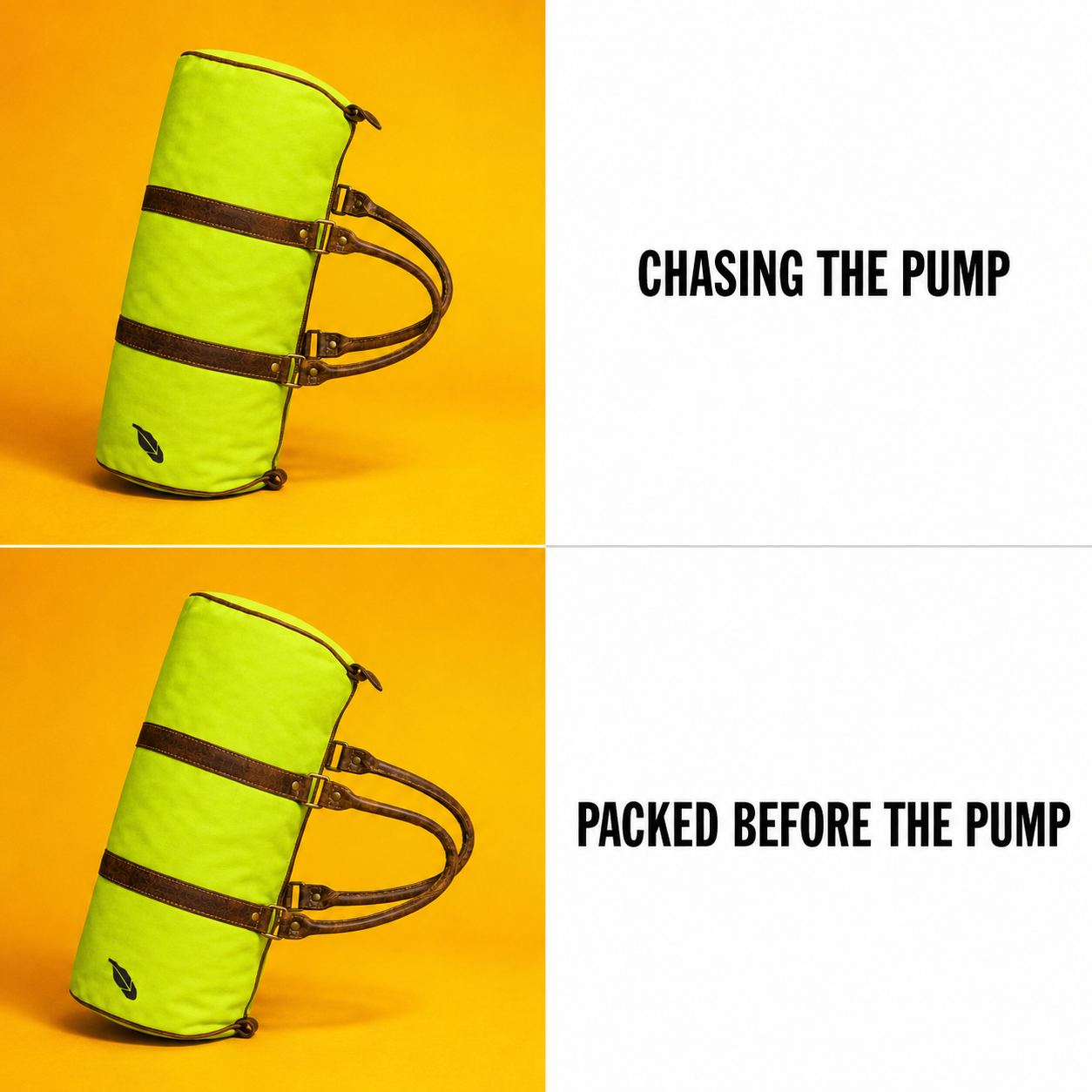 A two-panel meme rejecting chasing the pump and approving being packed before the pump