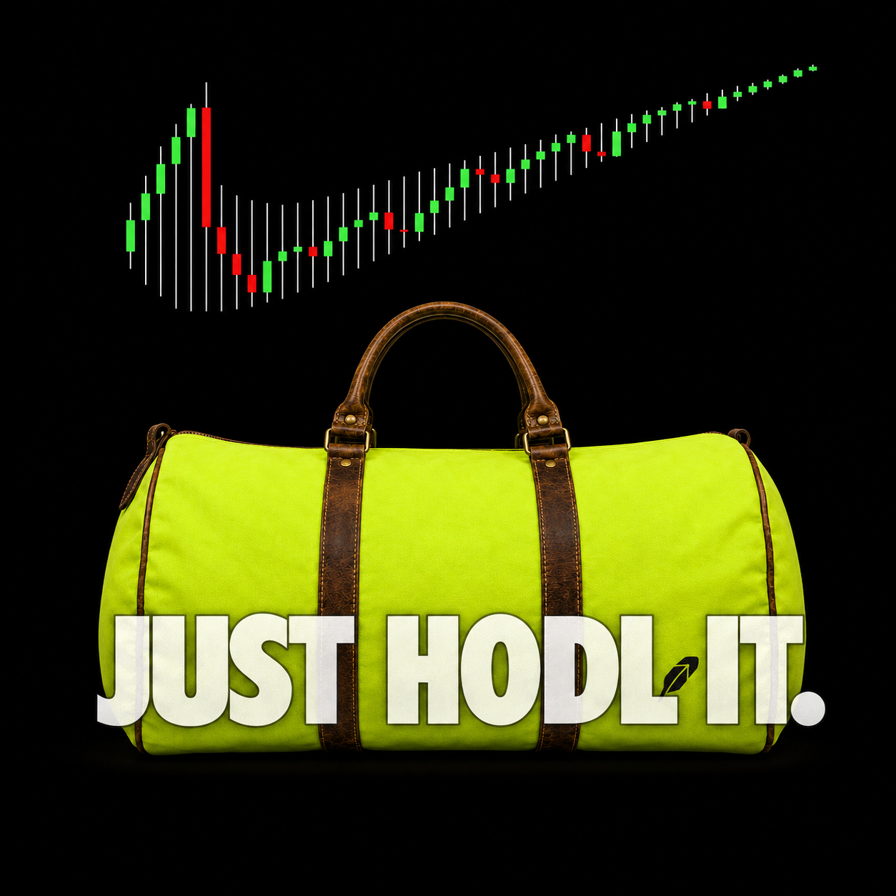 A packed lime duffle bag beneath a rising candlestick chart with the caption Just hold it