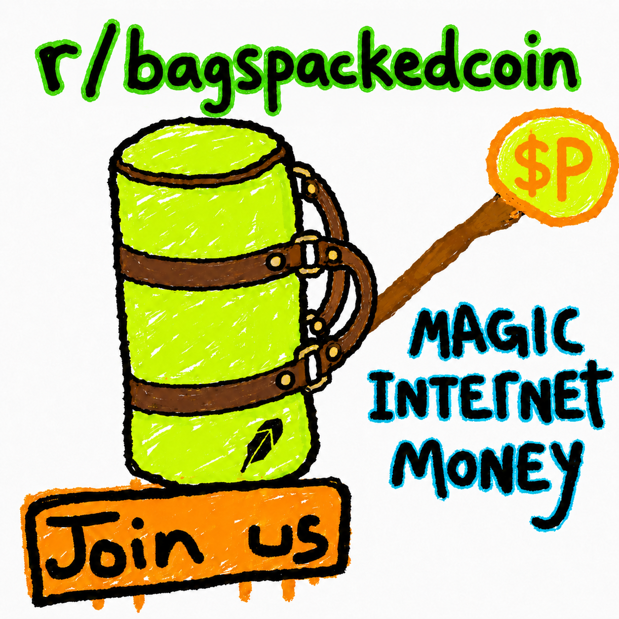 A hand-drawn lime-green Bags Packed duffle bag presented as magic internet money
