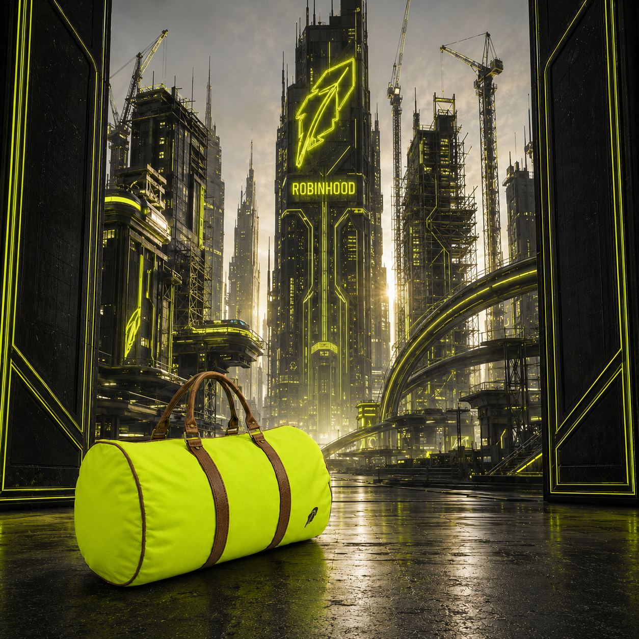 The lime-green Bags Packed duffle bag waiting at the entrance to a futuristic Robinhood city