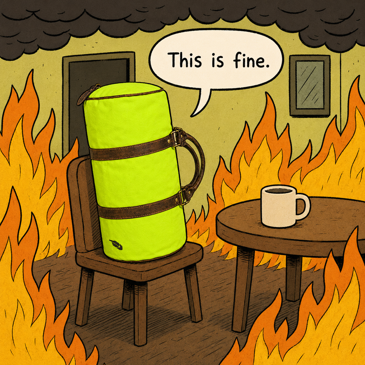 A packed duffle bag seated in a burning room saying This is fine